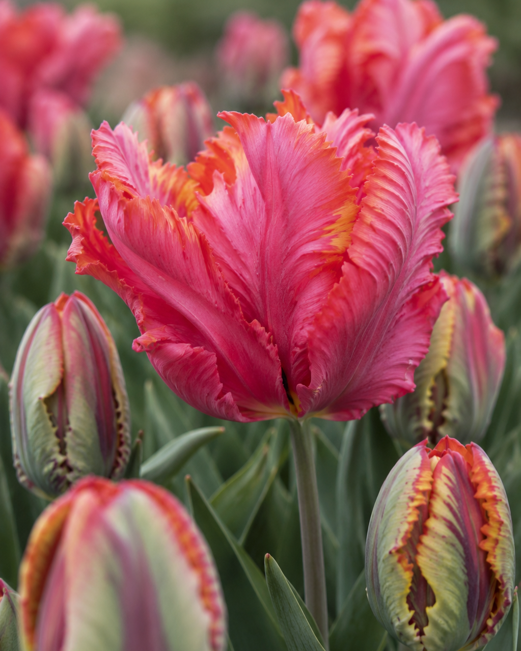 Tulipan Amazing Parrot – bølgende frynsete kronblader i aprikos, fersken og rosa med grønne innslag